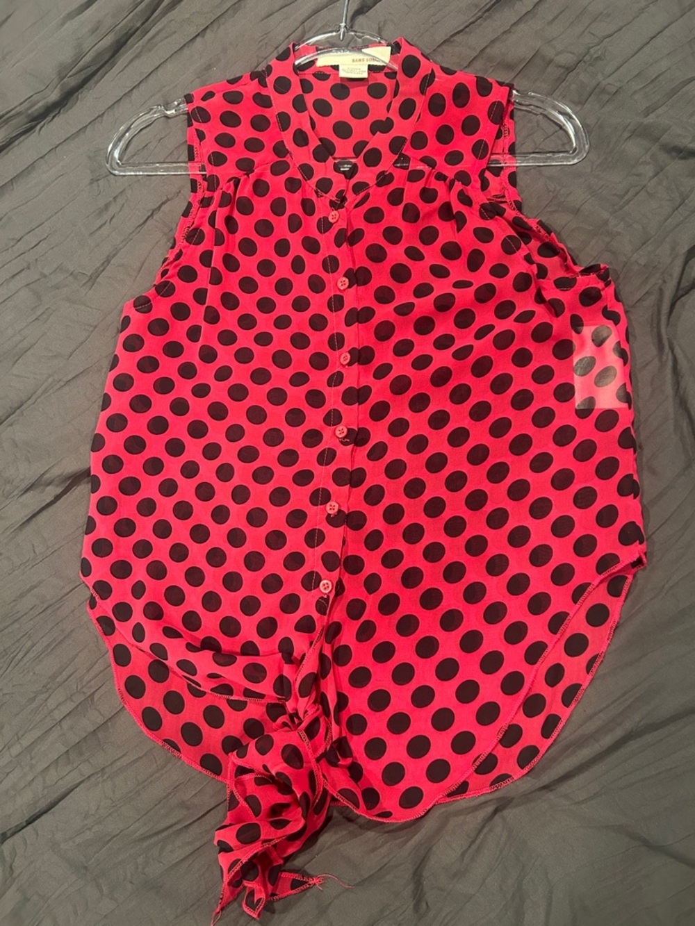 Sans Souci sheer Deep Red & Black Polka Dot Tie-Front Sleeveless Blouse